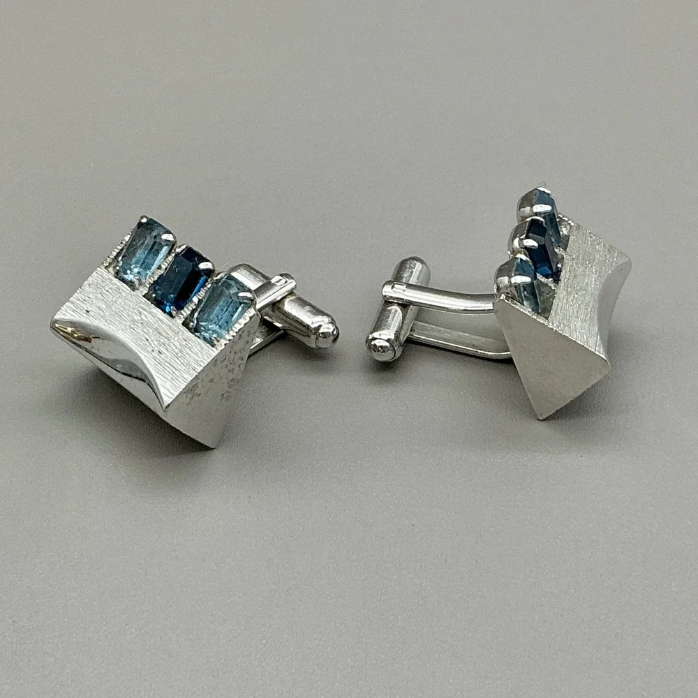 Vintage Blue Rhinestone Silver Tone Cufflinks Mid Century Modern Formal Mens